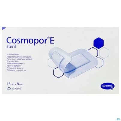 Sie sehen eine Packung Wundverband Cosmopor/e Steril Selbstklebend 8x 15cm 25st, Produktbild: 01 Wundverband Cosmopor/e Steril Selbstklebend 8x 15cm 25st, A-Nr.: 2773769 - 01