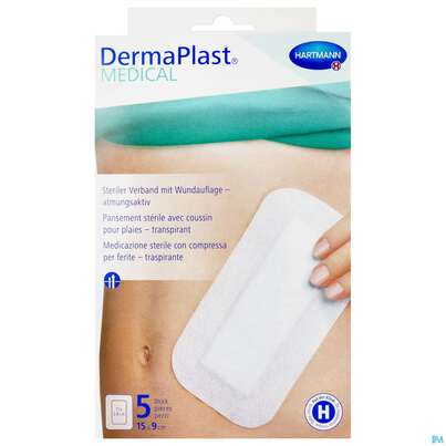 Sie sehen eine Packung Wundpflaster Dermaplast/medical Selbstklebend Steril Atmungsaktiv 15x 9cm 5st, Produktbild: 01 Wundpflaster Dermaplast/medical Selbstklebend Steril Atmungsaktiv 15x 9cm 5st, A-Nr.: 4489558 - 01