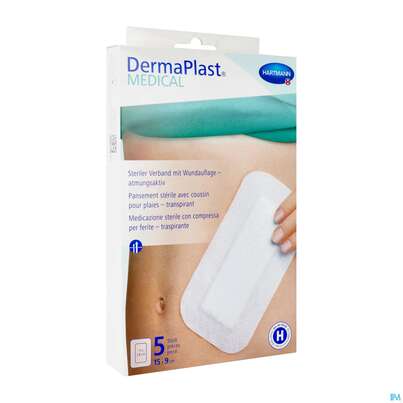 Sie sehen eine Packung Wundpflaster Dermaplast/medical Selbstklebend Steril Atmungsaktiv 15x 9cm 5st, Produktbild: 02 Wundpflaster Dermaplast/medical Selbstklebend Steril Atmungsaktiv 15x 9cm 5st, A-Nr.: 4489558 - 02