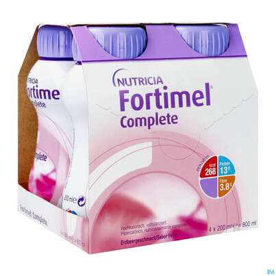 Sie sehen eine Packung Fortimel/complete 200ml Vitalflasche Erdbeere 4st, Produktbild: 02 Fortimel/complete 200ml Vitalflasche Erdbeere 4st, A-Nr.: 3664829 - 02