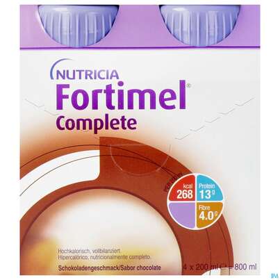 Sie sehen eine Packung Fortimel/complete 200ml Vitalflasche Schoko 4st, Produktbild: 01 Fortimel/complete 200ml Vitalflasche Schoko 4st, A-Nr.: 3664775 - 01