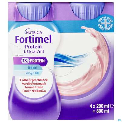 Sie sehen eine Packung Fortimel/protein 200ml 1,5kcal Erdbeere 4st, Produktbild: 03 Fortimel/protein 200ml 1,5kcal Erdbeere 4st, A-Nr.: 4303312 - 03
