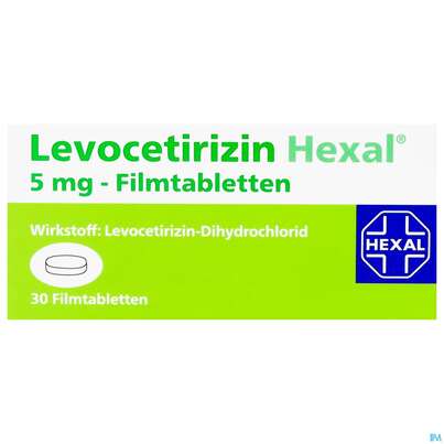 Sie sehen eine Packung Levocetirizin-hexal Filmtabl 5mg 30st, Produktbild: 01 Levocetirizin-hexal Filmtabl 5mg 30st, A-Nr.: 3546515 - 01