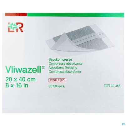 Sie sehen eine Packung Vliwazell Saugkompresse Steril 20x 40cm 30st, Produktbild: 01 Vliwazell Saugkompresse Steril 20x 40cm 30st, A-Nr.: 3707473 - 01