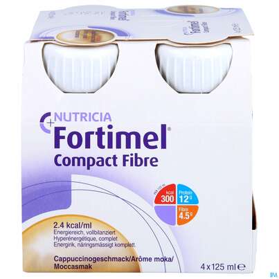 Sie sehen eine Packung Fortimel/compact/fibre 125ml Vitalflasche Mocca 4st, Produktbild: 01 Fortimel/compact/fibre 125ml Vitalflasche Mocca 4st, A-Nr.: 3797915 - 01