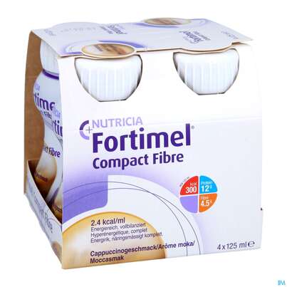 Sie sehen eine Packung Fortimel/compact/fibre 125ml Vitalflasche Mocca 4st, Produktbild: 03 Fortimel/compact/fibre 125ml Vitalflasche Mocca 4st, A-Nr.: 3797915 - 03
