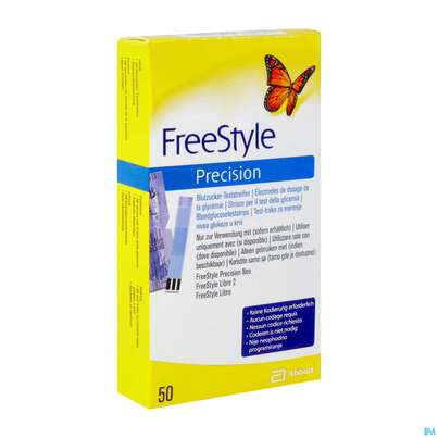 Sie sehen eine Packung Diagnostika U.zubehoer Freestyle/precision Teststreifen -abbott 50st, Produktbild: 03 Diagnostika U.zubehoer Freestyle/precision Teststreifen -abbott 50st, A-Nr.: 2392085 - 03