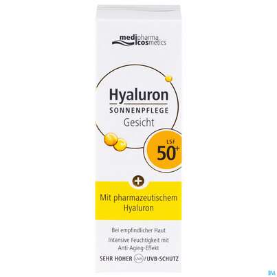 Sie sehen eine Packung Sonnenprodukte Hyaluron Sonnenpflege Gesicht Lsf50+ 50ml, Produktbild: 01 Sonnenprodukte Hyaluron Sonnenpflege Gesicht Lsf50+ 50ml, A-Nr.: 4624281 - 01
