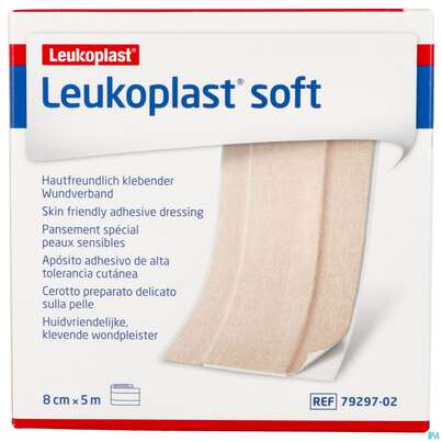 Sie sehen eine Packung Wundpflaster Leukoplast/soft 5mx 8cm 7929702 1st, Produktbild: 01 Wundpflaster Leukoplast/soft 5mx 8cm 7929702 1st, A-Nr.: 4803954 - 01