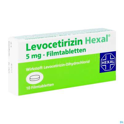 Sie sehen eine Packung Levocetirizin-hexal Filmtabl 5mg 10st, Produktbild: 02 Levocetirizin-hexal Filmtabl 5mg 10st, A-Nr.: 3546509 - 02