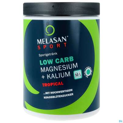 Sie sehen eine Packung Magnesium +kalium/melasan Sport Fitness Drink Tropical Lowcarb 720g, Produktbild: 01 Magnesium +kalium/melasan Sport Fitness Drink Tropical Lowcarb 720g, A-Nr.: 4793486 - 01