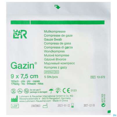 Sie sehen eine Packung Mullkompressen Gazin Baumw.17faedig Steril 16fach 9x7,5cm 5st, Produktbild: 01 Mullkompressen Gazin Baumw.17faedig Steril 16fach 9x7,5cm 5st, A-Nr.: 2575093 - 01