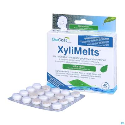 Sie sehen eine Packung Xylimelts Hafttabl 40s Milde Minze Artikelnr 01ac0034 40st, Produktbild: 06 Xylimelts Hafttabl 40s Milde Minze Artikelnr 01ac0034 40st, A-Nr.: 4165413 - 06