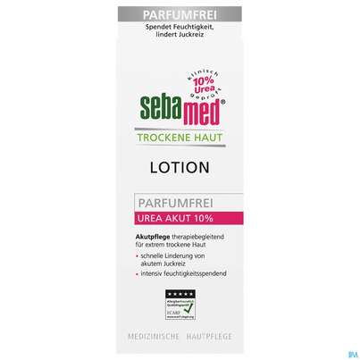 Sie sehen eine Packung Sebamed Akut/lotion Urea 10% Parfuemfrei 200ml, Produktbild: 01 Sebamed Akut/lotion Urea 10% Parfuemfrei 200ml, A-Nr.: 4106540 - 01
