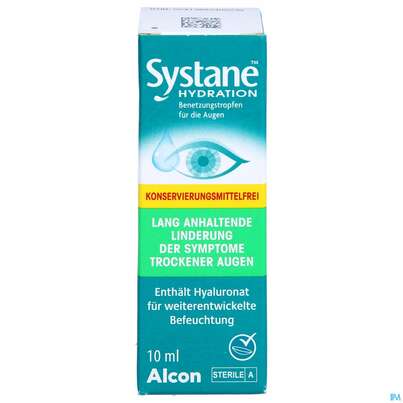 Sie sehen eine Packung Augentropfen Systane/hydration Benetzungstropfen Unkonserviert 10ml, Produktbild: 01 Augentropfen Systane/hydration Benetzungstropfen Unkonserviert 10ml, A-Nr.: 5423662 - 01
