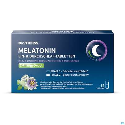 Sie sehen eine Packung Melatonin Tabl Ein +durchschlaf Dr.theiss 15st, Produktbild: 02 Melatonin Tabl Ein +durchschlaf Dr.theiss 15st, A-Nr.: 5800320 - 02