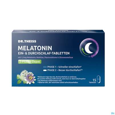 Sie sehen eine Packung Melatonin Tabl Ein +durchschlaf Dr.theiss 15st, Produktbild: 03 Melatonin Tabl Ein +durchschlaf Dr.theiss 15st, A-Nr.: 5800320 - 03