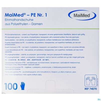 Sie sehen eine Packung Untersuchungshandschuhe Einweg Hdpe Transparent Gr M 74070 100st, Produktbild: 01 Untersuchungshandschuhe Einweg Hdpe Transparent Gr M 74070 100st, A-Nr.: 5074115 - 01