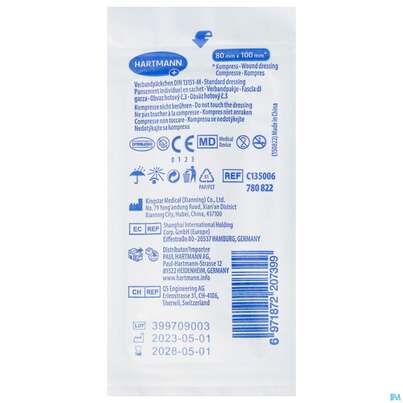 Sie sehen eine Packung Verbandpaeckchen -hartmann Din 13151 Steril 80x 100mm 1st, Produktbild: 01 Verbandpaeckchen -hartmann Din 13151 Steril 80x 100mm 1st, A-Nr.: 1566407 - 01